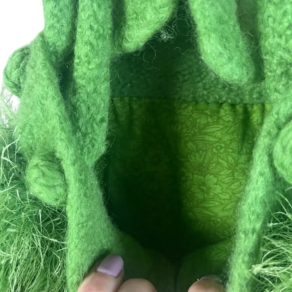Vintage Y2K Eyelash Mini Bucket Bag Wool Handbag Fuzzy Lime Green Butterfly - Picture 5 of 8